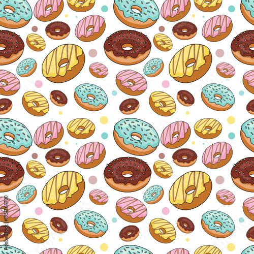 Colorful glazed donuts seamless pattern with sprinkles and polka dots. Hand drawn sweet doughnuts vector illustration seamless background