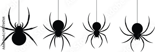 Hanging spider silhouettes collection isolated on white background representing creepy spider icons set for Halloween, horror decoration and insect illustration