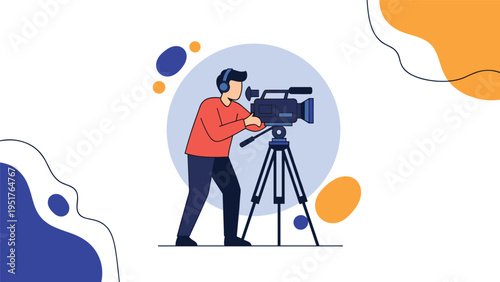Professional cameraman operates video camera on tripod against colorful abstract shapes representing film production and media.