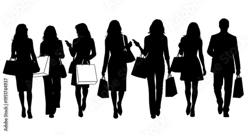 Silhouettes of people walking with shopping bags.