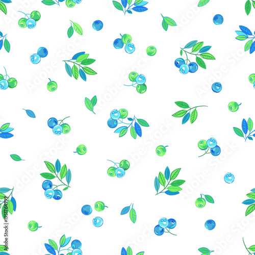 Seamless Blueberry Pattern with Green Leaves, fresh berry botanical background in light watercolor style