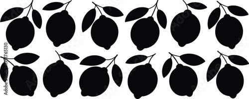 Lemon fruit silhouettes collection with leaves, citrus fruit icons set, black vector botanical illustration for food design isolated on white background