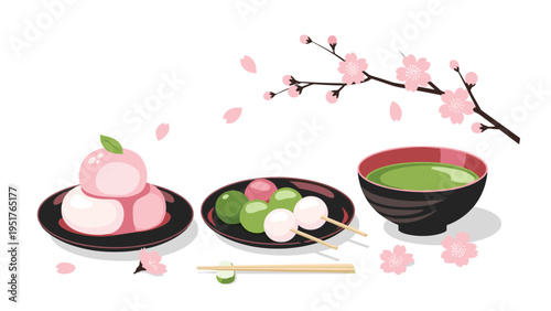 Traditional Japanese tea set including matcha green tea dango and sakura mochi celebrates tea culture and spring treats.