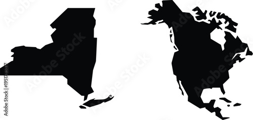New York state and North America map silhouettes set, geographic location shapes, black vector map illustration isolated on white background