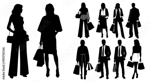 Silhouettes of business people walking with bags.