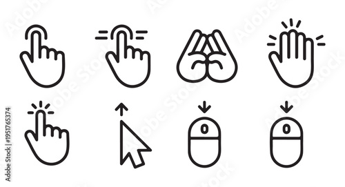 Set of touch screen hand gestures and mouse actions outline icons isolated on white background vector illustration