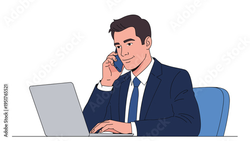 Busy businessman talks on mobile phone while working on his laptop computer demonstrating multitasking and communication skills.