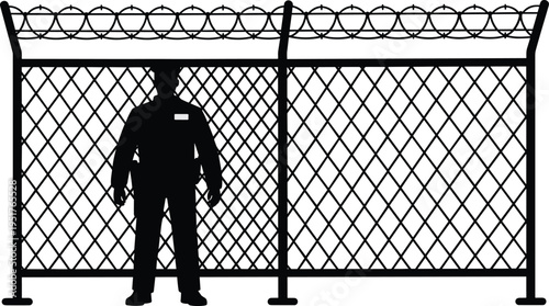 Silhouette of security guard standing behind barbed wire fence representing border control, restricted area protection, prison security, surveillance and authority concept illustration
