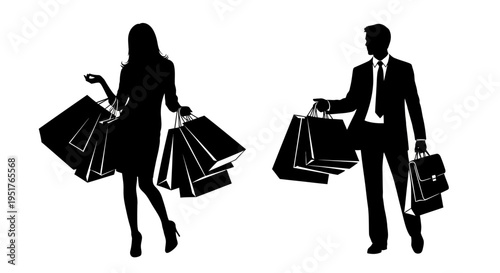 Black silhouettes of man and woman shopping.