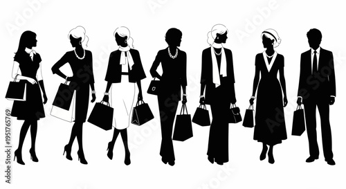 Silhouettes of business people with shopping bags.
