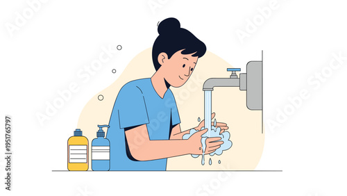 Young woman washing her hands with soap at bathroom sink emphasizes importance of personal hygiene and health safety.