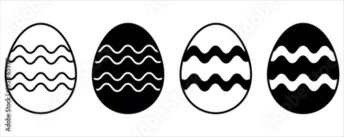 Simple and stylish black and white Easter egg illustrations with abstract zigzag patterns, ideal for holiday designs, printables, greeting cards, and digital decorations.