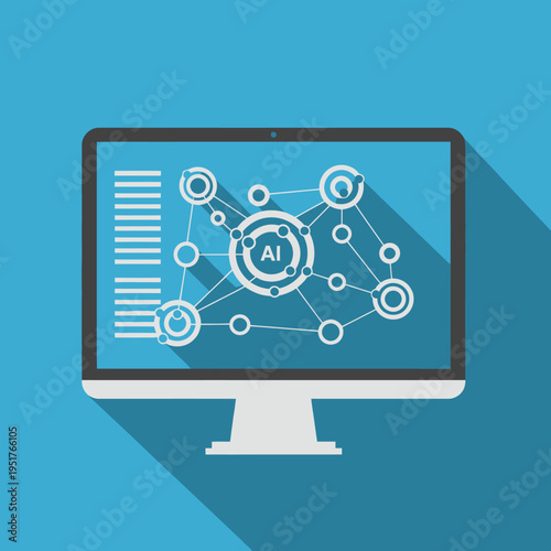 Computer screen displaying artificial intelligence network diagram.