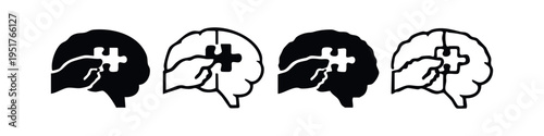 Hand Placing Puzzle Piece into Brain Icons - Problem Solving and Mental Health Concept