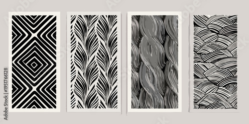 Four black and white abstract patterned rectangular panels displayed vertically
