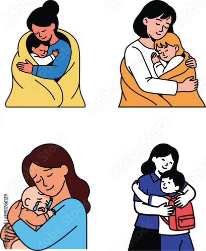 Mothers comforting and caring for their crying or upset children with tenderness