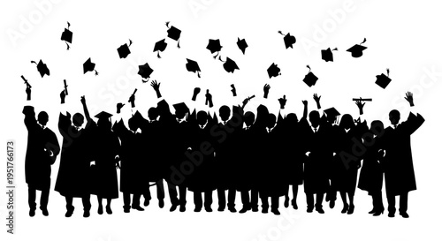 Graduates celebrating with tossed caps.