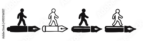 Walking on a Pen Nib Icon Set. Symbolizing the journey of writing, creativity, and the power of literature and communication.