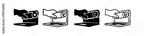Digital Document Archiving Icon Set. Hand inserting a rolled document into a laptop for digital storage and information transfer.