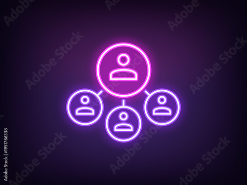 Outline neon team leader, violet magenta. Neon executive chief icon, director group, people management system. Head boss, team control organization, teamwork manage, partnership, distribution. Vector