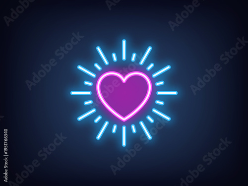 Outline neon sunny heart, blue magenta. Neon sun heart shine with rays, sunshine love. Heart warmth beams, rays burst, love sunburst, warm happy feeling, love flash, amour beams. Vector