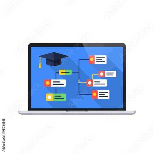 Laptop Displaying Educational Flowchart with Graduation Cap Icon.