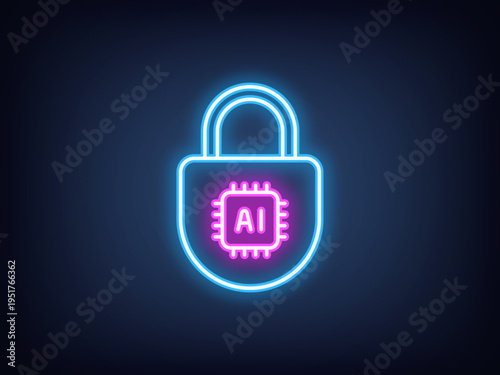Outline neon AI security, light blue magenta. Neon digital lock with AI chip, cybersecurity control with AI algorithms. Artificial intelligence in data protection system, private safety. Vector