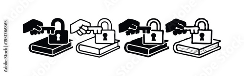 Knowledge Security and Restricted Information Icon Set with Hand Locking a Book