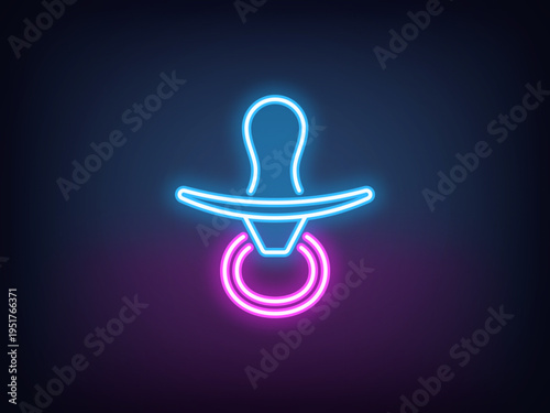 Outline neon baby pacifier, blue magenta. Neon nursery pacifier for baby mouth, dummy teat. Newborn health care, motherhood, dummy nipple for baby, pacifier toy, nursery soother. Vector