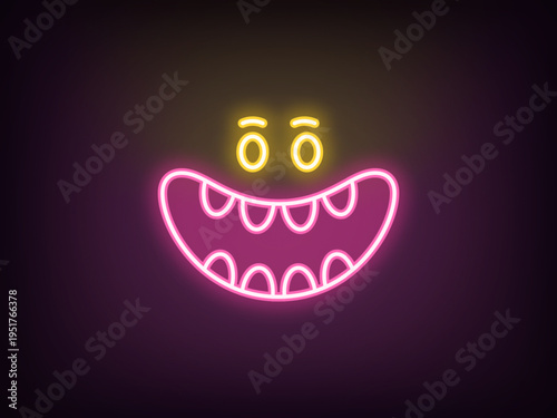 Outline neon laugh mouth, pink yellow. Neon cute monster face with laughing mouth, haha expression. Laughter emoticon, crazy smile, funny joke, comic emoji, monster giggle. Vector