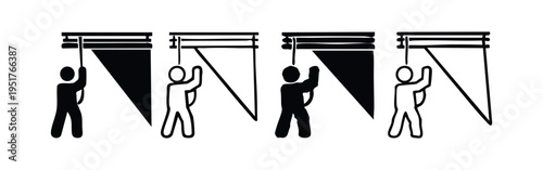 Person Pulling Up Window Blinds Icon Set for Opening to Light and New Views