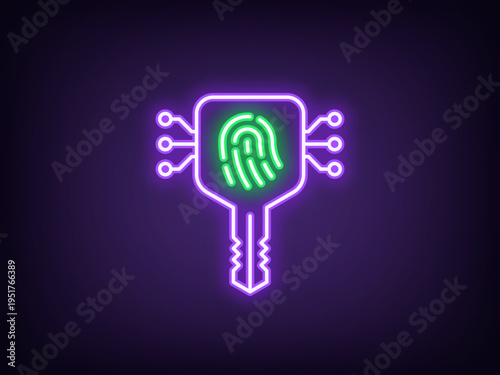 Outline neon biometric key, violet green. Neon digital key with fingerprint scan, private access key. Secure system login, cybersecurity, user identity, private ID, smart protection. Vector