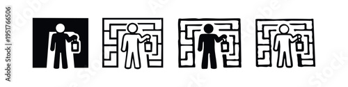 Person with Lantern Inside Maze Icon Set - Symbol of Exploration, Problem Solving and Seeking Solutions