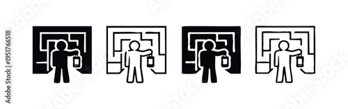 Person with Lantern Facing Maze Icon Set - Concept of Navigating Challenges and Finding a Path