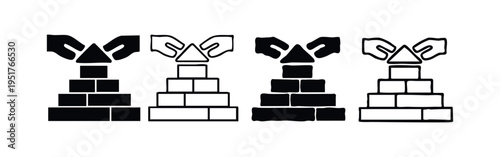 Hands Building a Block Pyramid Icon Set - Concept of Construction, Development and Teamwork