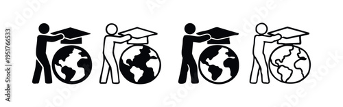 Person Placing Graduation Cap on Globe Icon Set - Global Education and Academic Achievement Concept