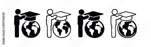 Person Placing Graduation Cap on Globe Icon Set - Global Education and Academic Achievement Concept