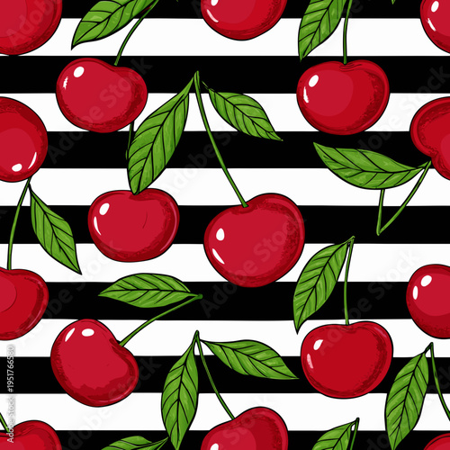 A seamless pattern of bright red cherries with green leaves on stripes