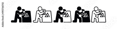 Creative Problem Solving Icon Set. Person with Hammer and Chisel Carving Idea. Breaking Barriers Concept Vector.