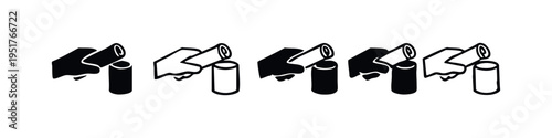 Archiving and Information Storage Icon Set. Hand Depositing Scroll into Container Symbol. Data Management Vector.