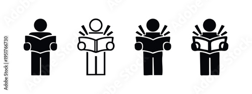 Knowledge and Inspiration Icon Set. Person Reading Book with Ideas Emanating. Learning and Creativity Concept Vector.