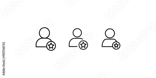 Three outline human user profile icons with a star badge, representing favorite or preferred person symbol, simple vector graphic illustration