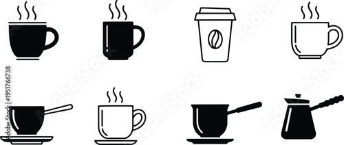 A set of vector line art silhouettes of coffee cups and mugs in various styles and designs
