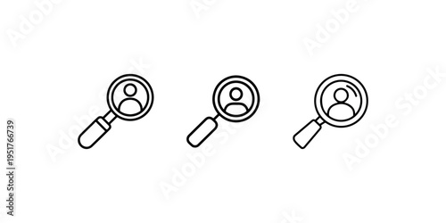 Magnifying glass with person icon symbolizing search for user profile or contact information investigation finding people concept simple outline icons