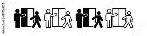 Person opening door for another person walking through icon set, showing assistance or guidance.