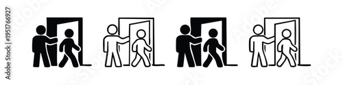 Two people entering or exiting through a door icon set, depicting passage and access.