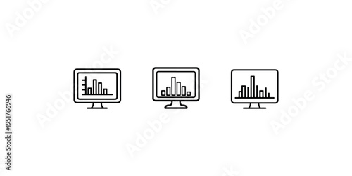 Three flat design computer monitors displaying bar graphs for data analysis and business performance monitoring