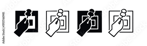 Hand inserting a unique key into a keyhole icon set, symbolizing access and security.