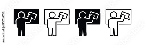 Person Erasing Whiteboard or Blackboard Icon Set. Vector glyph symbols for cleaning, teaching, and education.