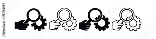 Magnifying Glass and Gear Icon Set. Vector glyph symbols for search, analysis, optimization, and engineering.